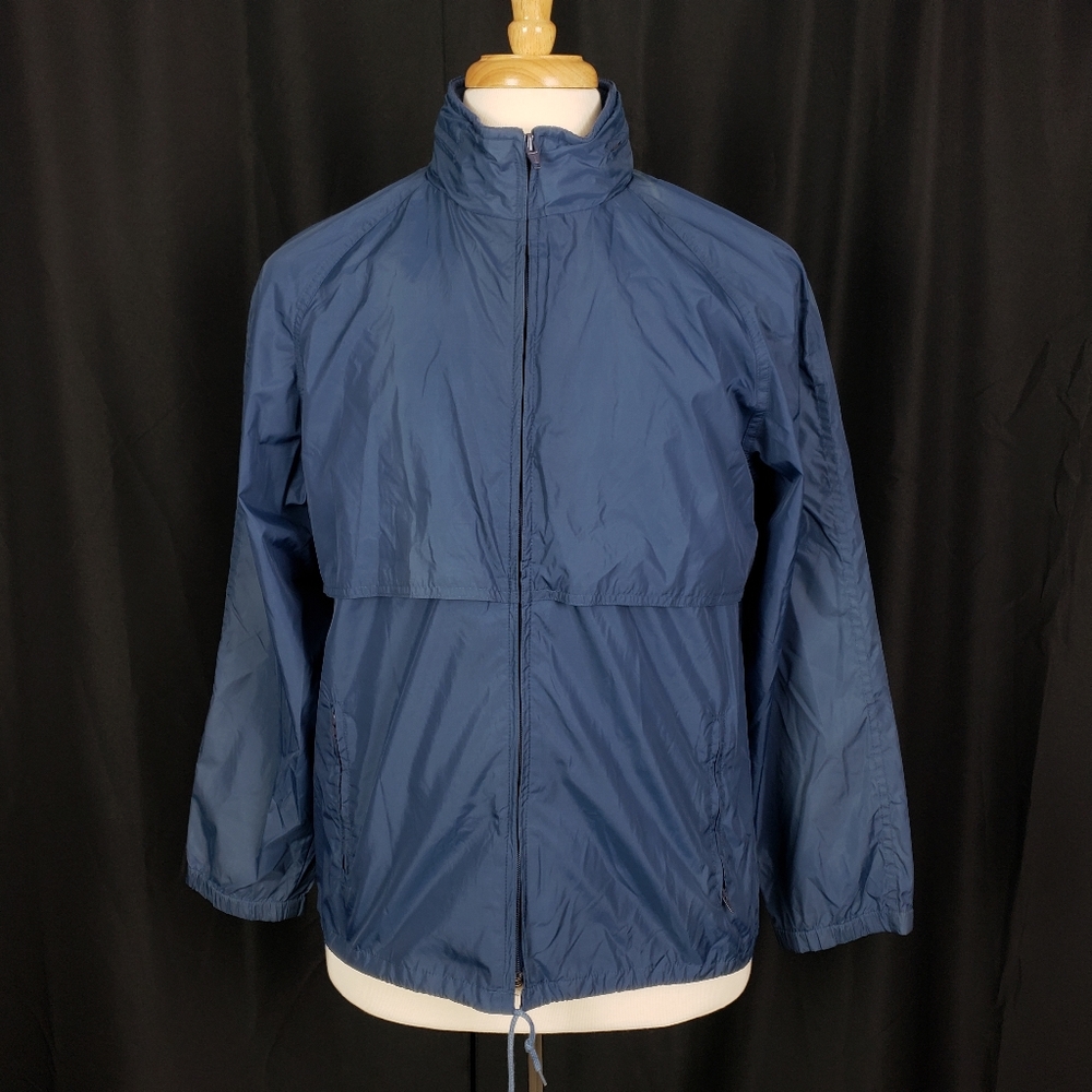 Vintage Woolrich Women's Blue Zip Up Windbreaker with Hidden Hoodie